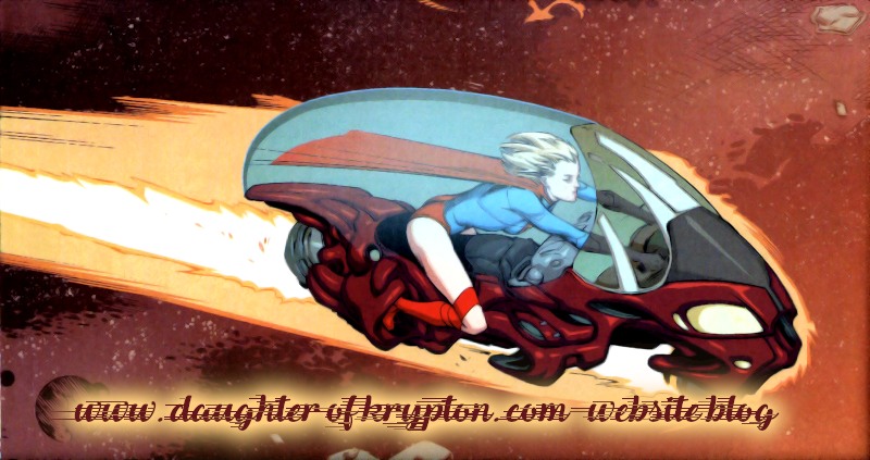 Supergirl Kara Zor-El riding a space motorcycle through outer space